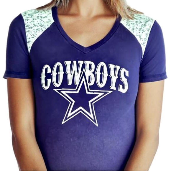 Dallas Cowboys Navy Blue V Neck Short Sleeve T Shirt SzL - Picture 1 of 6